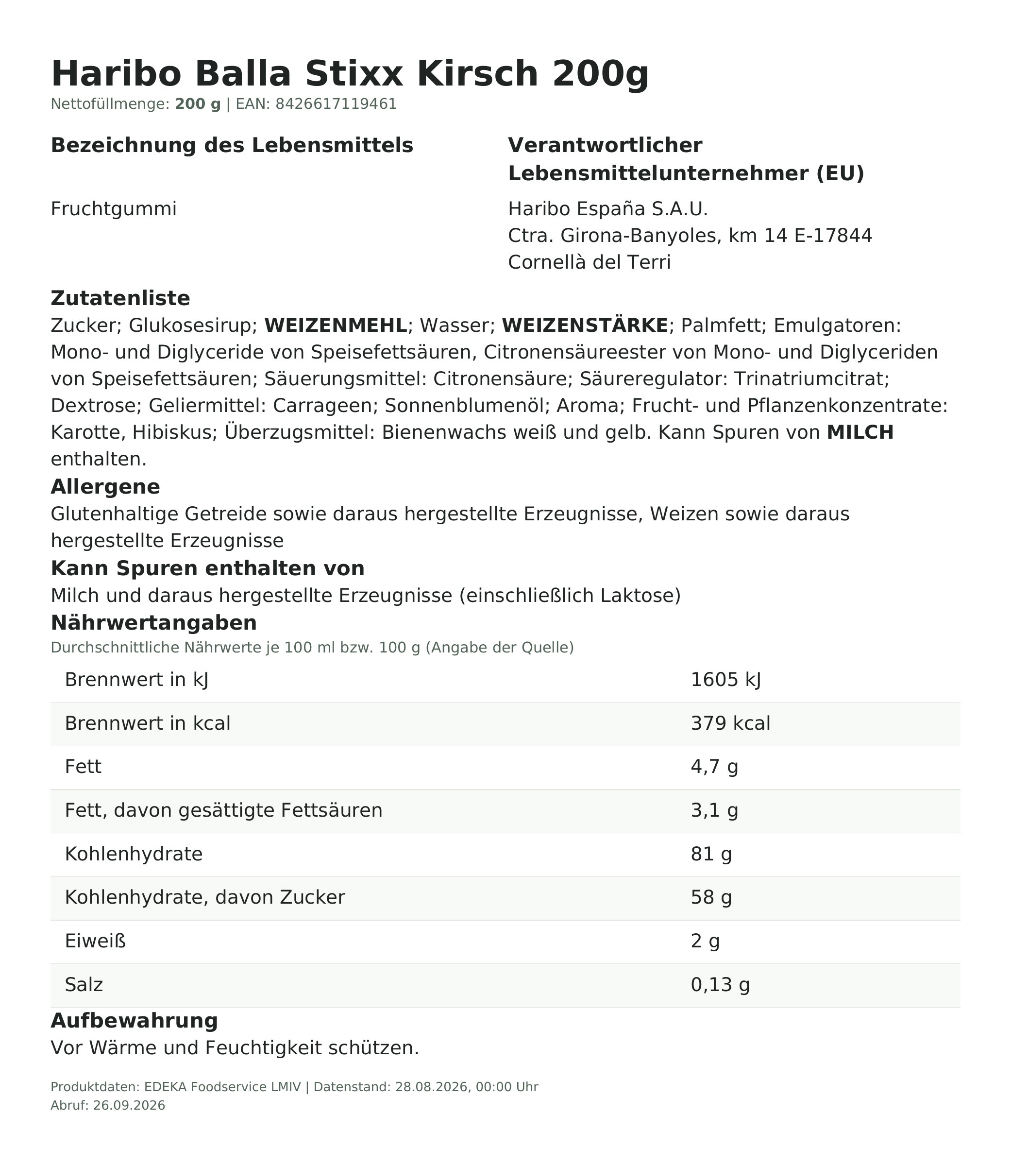Produktinformationen – Haribo Balla Stixx Kirsch 200g