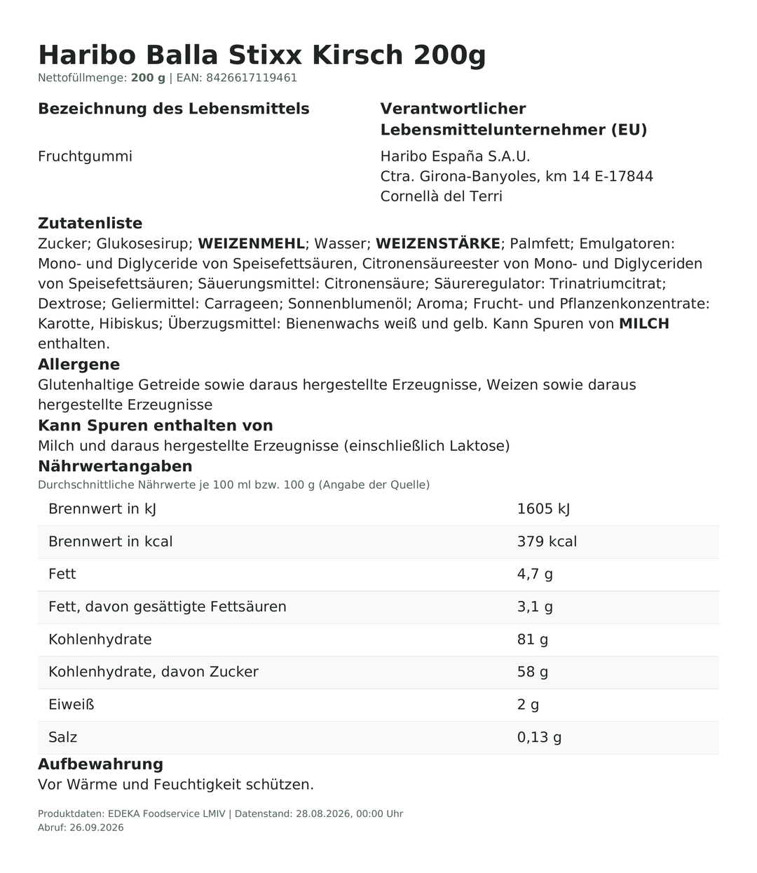 Produktinformationen – Haribo Balla Stixx Kirsch 200g