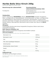 Produktinformationen – Haribo Balla Stixx Kirsch 200g