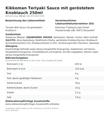 Lebensmittelinformationen: Kikkoman Teriyaki Knoblauch 250ml 250ml
