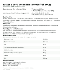 Lebensmittelinformationen: Ritter Sport laktosefrei 100g Vollmilch 100g