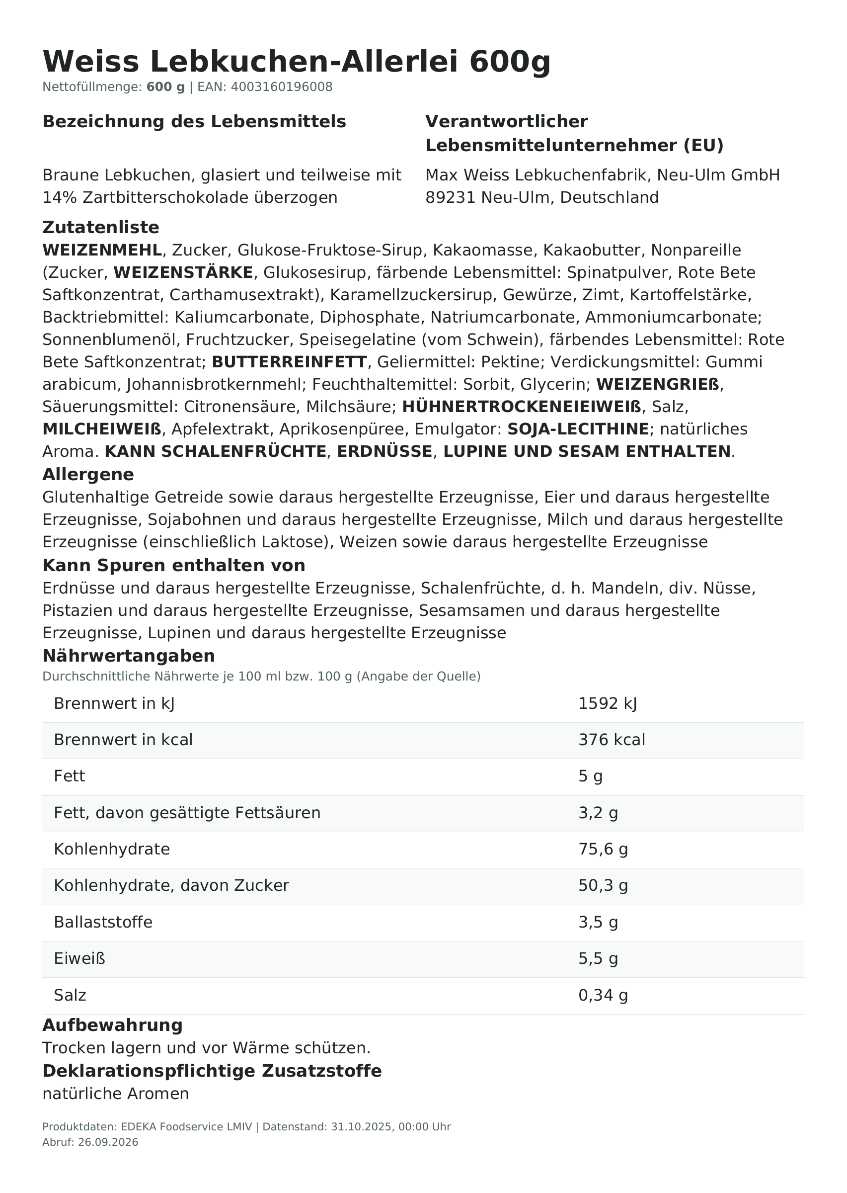 Produktinformationen – Weiss Lebkuchen-Allerlei 600g