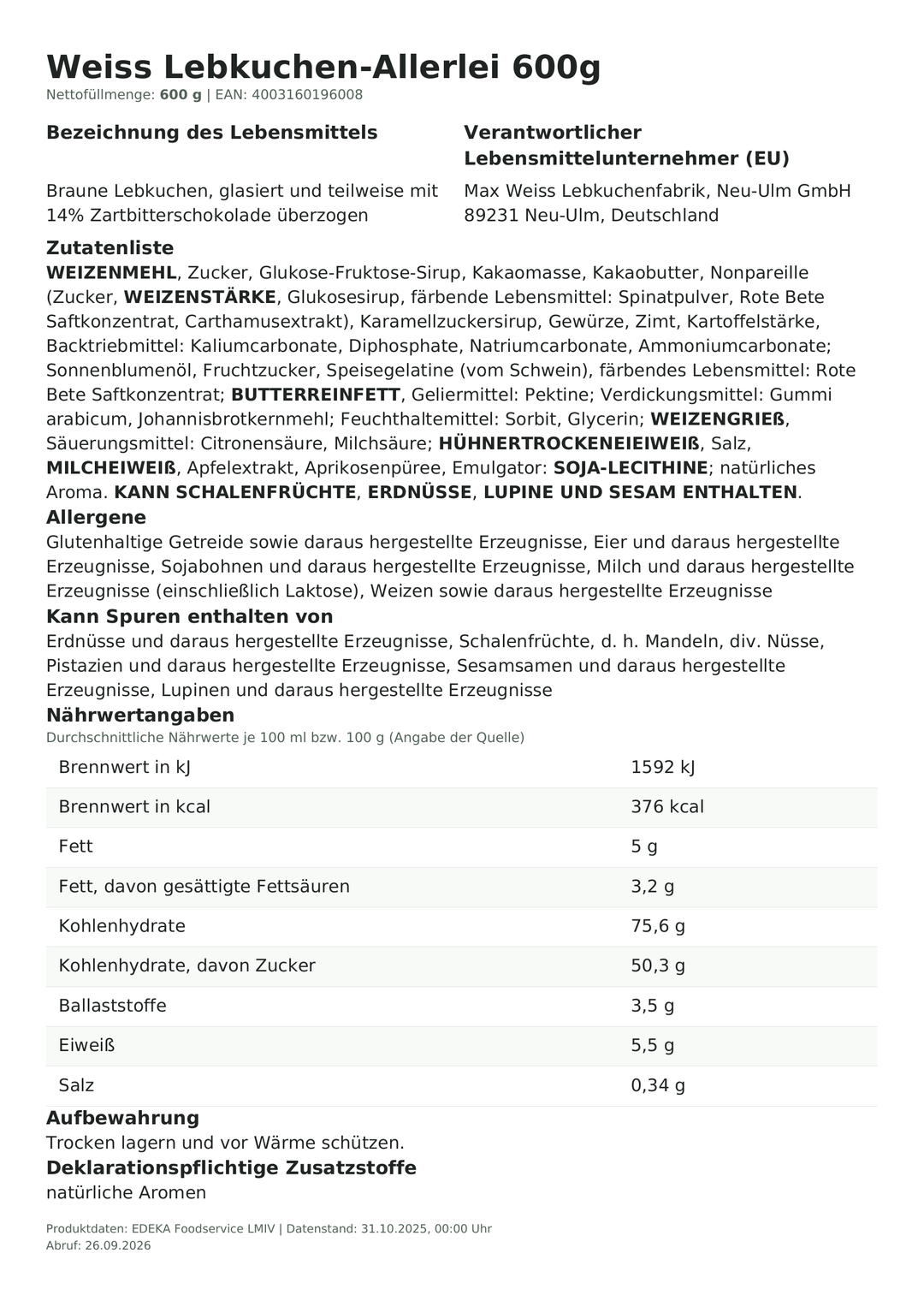 Produktinformationen zum Einzelprodukt – Weiss Lebkuchen-Allerlei 600g