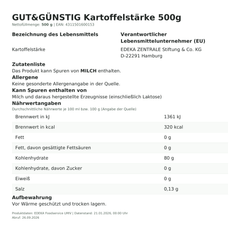 Lebensmittelinformationen: G&G Kartoffelstärke 500g 500g