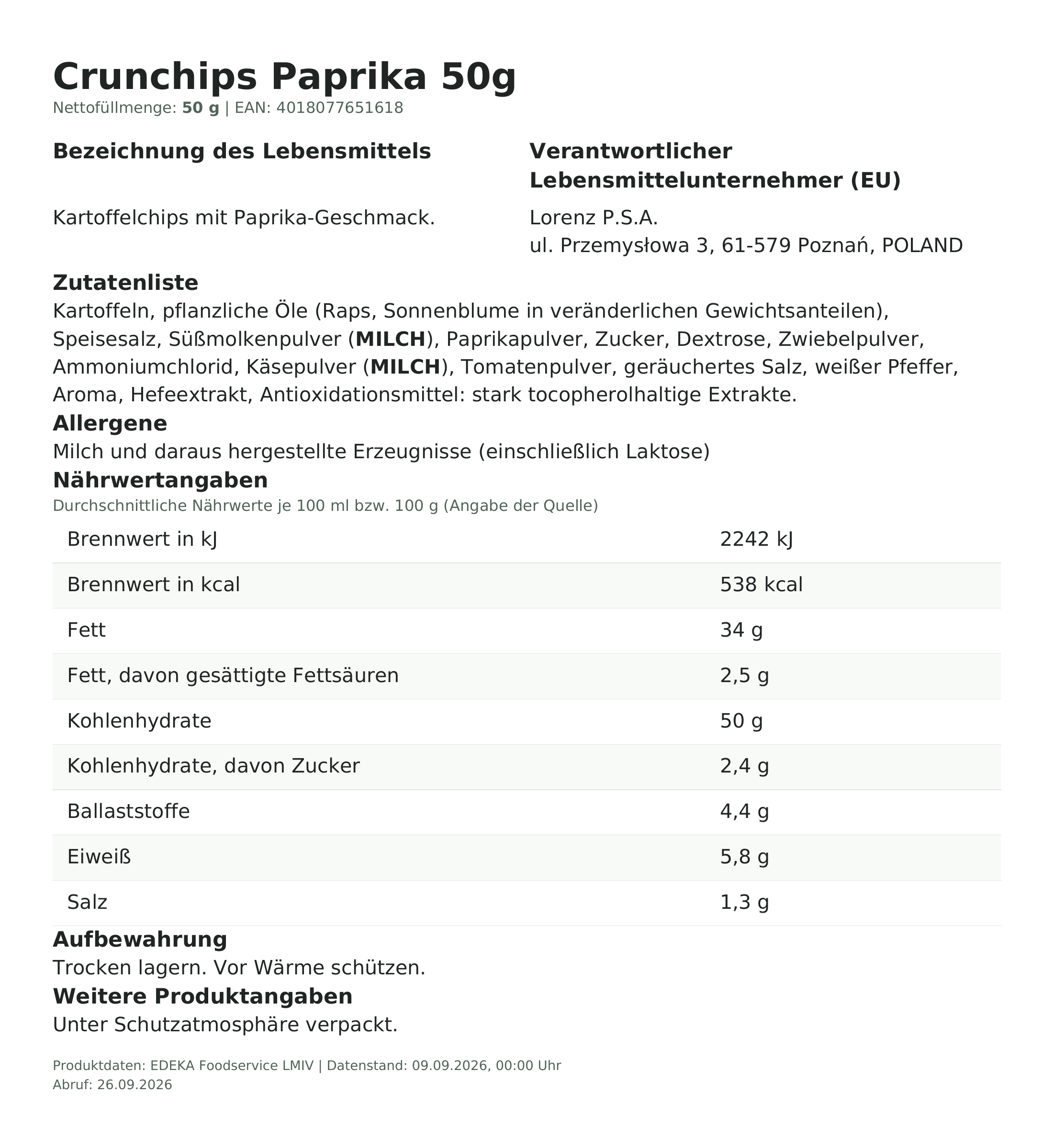 Lebensmittelinformationen: Crunchips Paprika 50g 50g