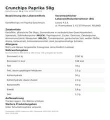 Lebensmittelinformationen: Crunchips Paprika 50g 50g
