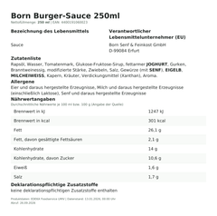 Lebensmittelinformationen: Born Burger-Sauce 250ml 250ml