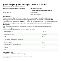 Papa Joe's Burger Sauce 300ml – Lebensmittelangaben