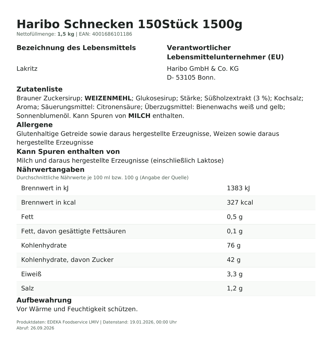 Produktinformationen zum Einzelprodukt – Haribo Schnecken 150Stück 1500g