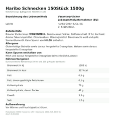 Haribo Schnecken 150Stück 1500g – Lebensmittelangaben