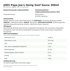 Lebensmittelinformationen: Papa Joe´s Honig Senf Sauce 300ml 300ml