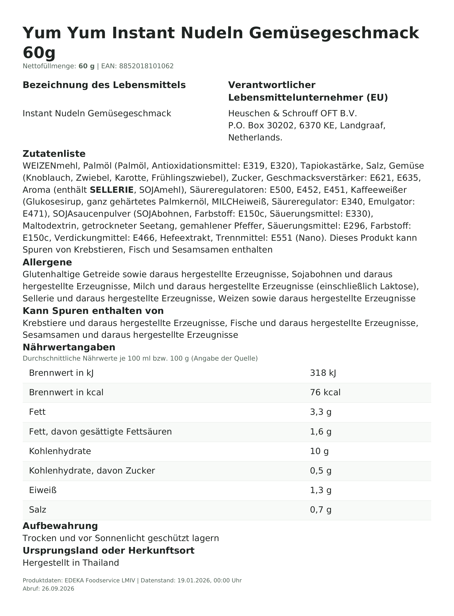Lebensmittelinformationen: Yum Yum Inst.Nudeln vegetarisch 60g 60g