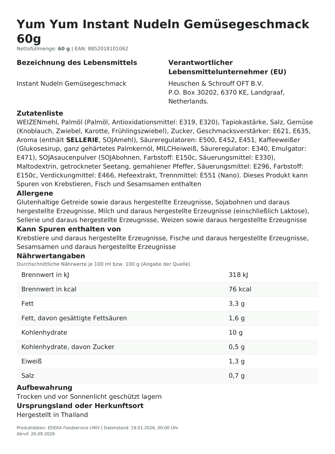 Produktinformationen zum Einzelprodukt – Yum Yum Instant Nudeln Gemüsegeschmack 60g