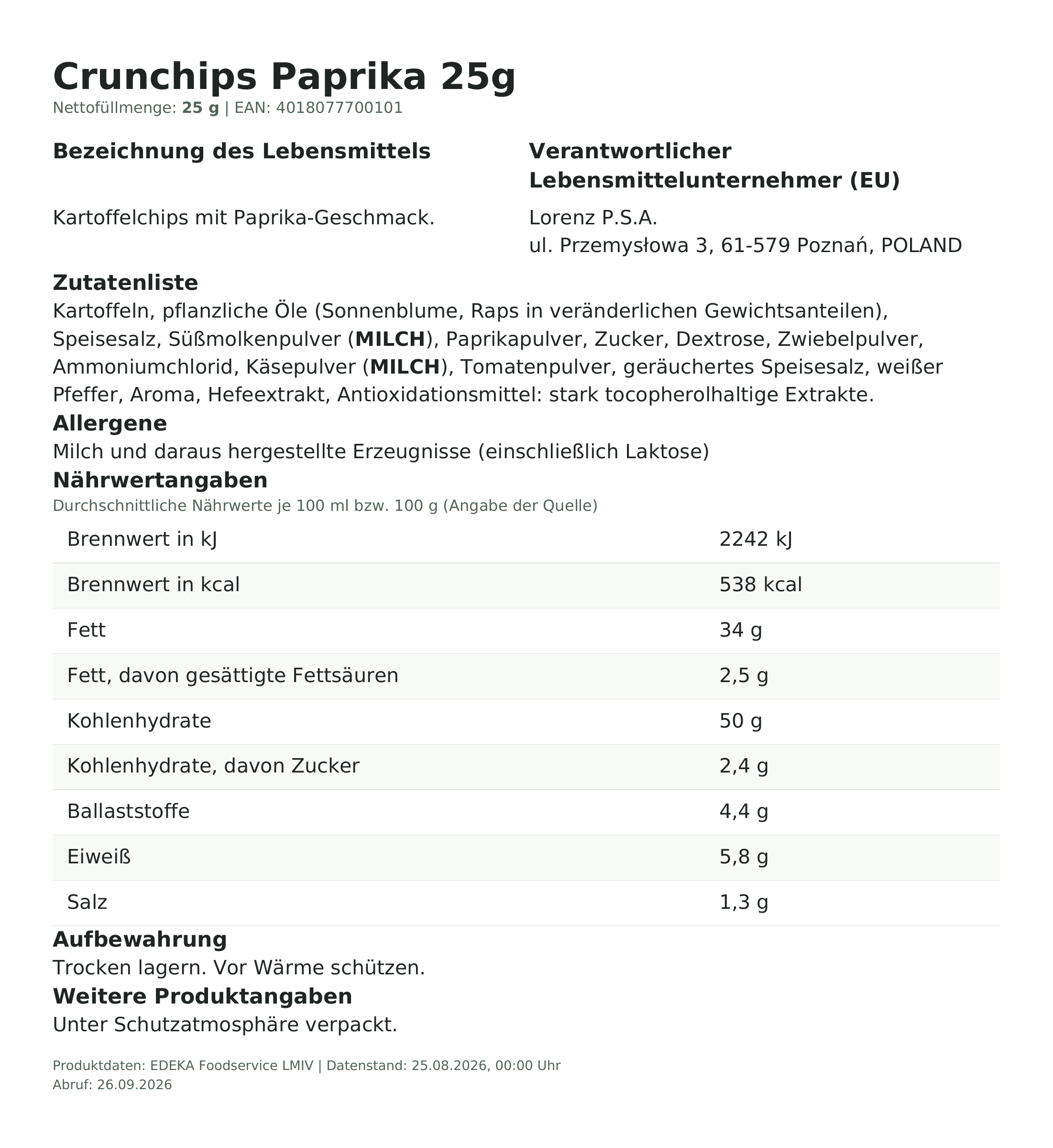 Lebensmittelinformationen: Crunchips Paprika 25g 25g