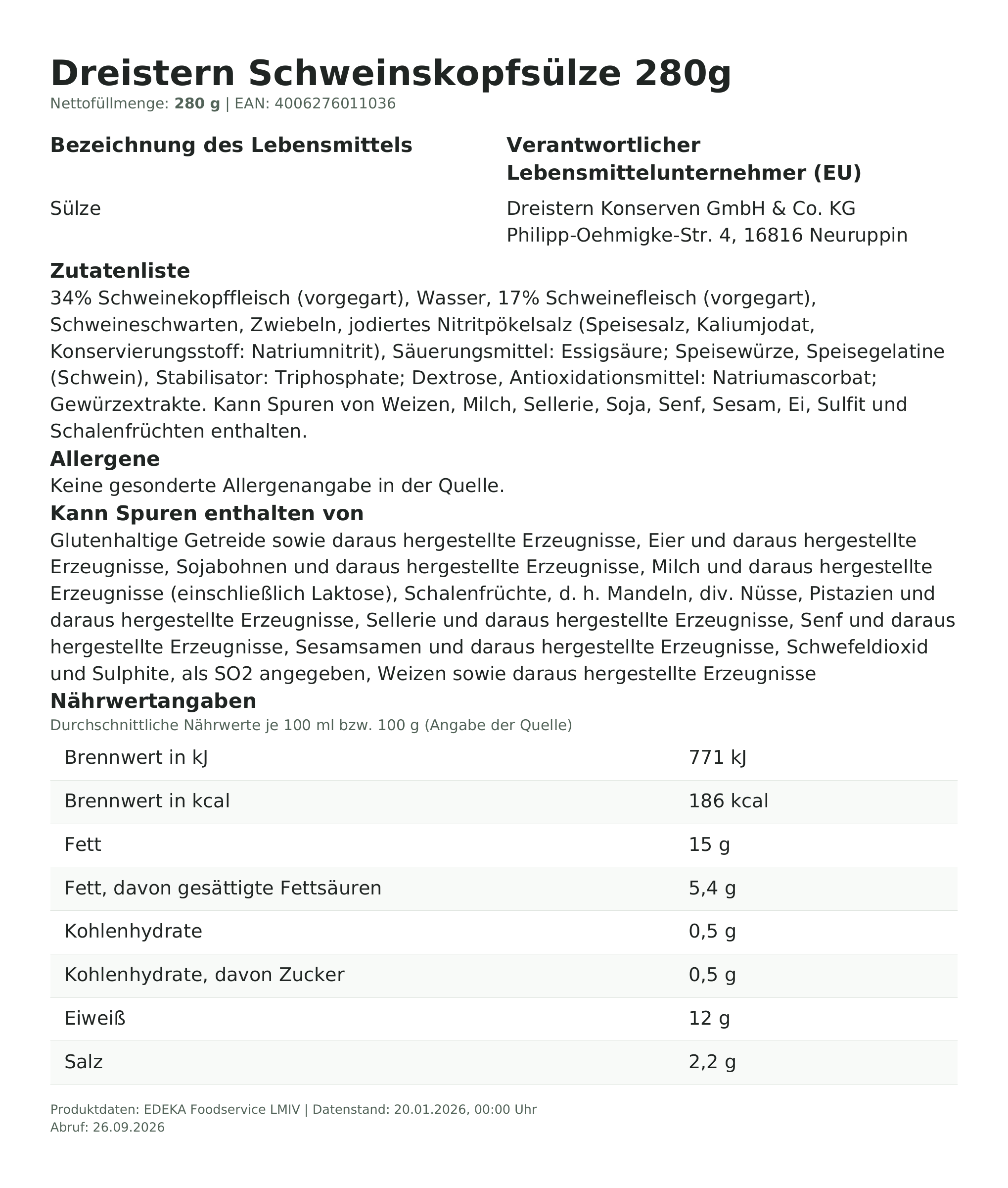 Produktinformationen zum Einzelprodukt – Dreistern Schweinskopfsülze 280g