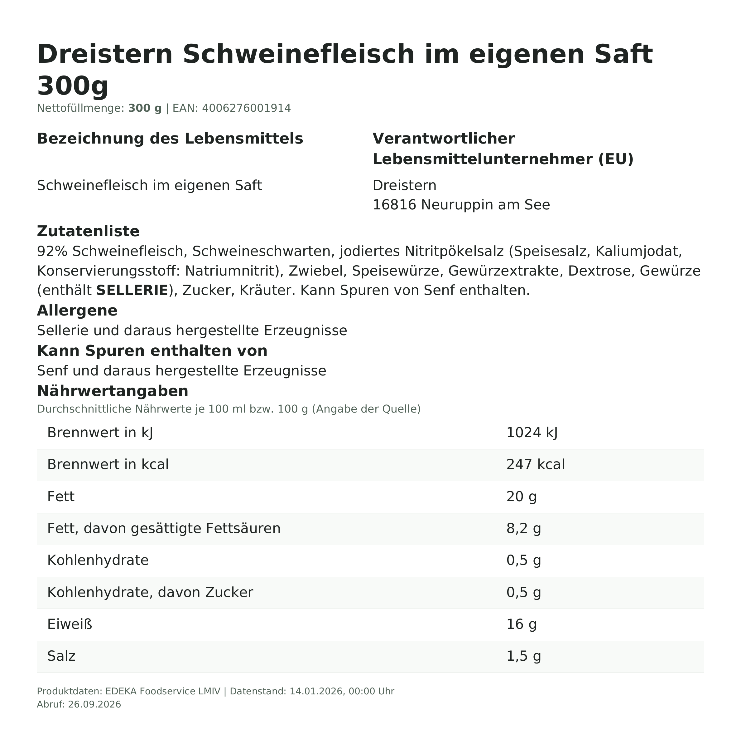 Produktinformationen zum Einzelprodukt – Dreistern Schweinefleisch im eigenen Saft 300g