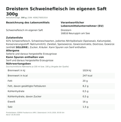 Produktinformationen zum Einzelprodukt – Dreistern Schweinefleisch im eigenen Saft 300g