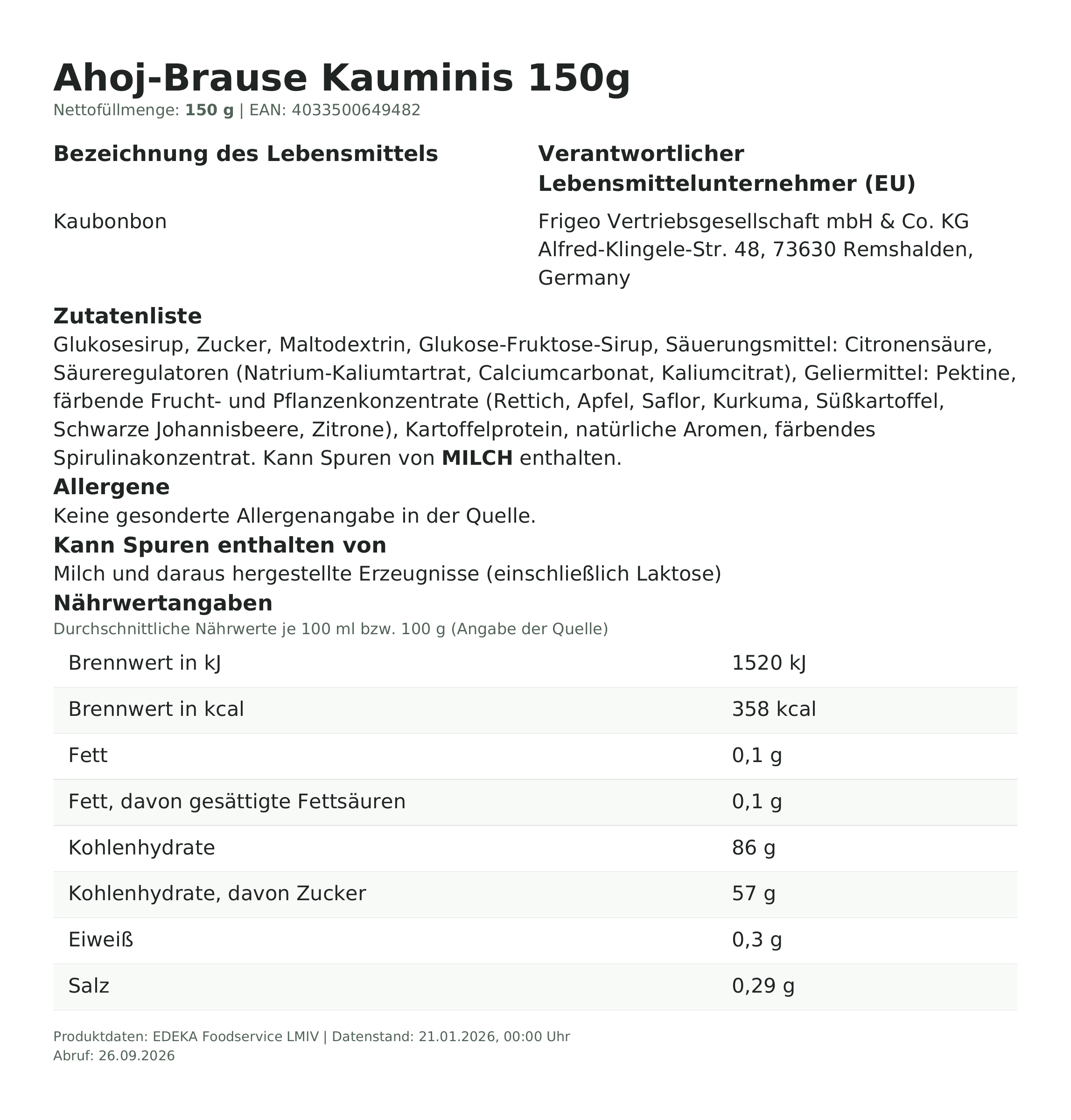 Lebensmittelinformationen: Ahoj-Brause Kauminis 150g 150g