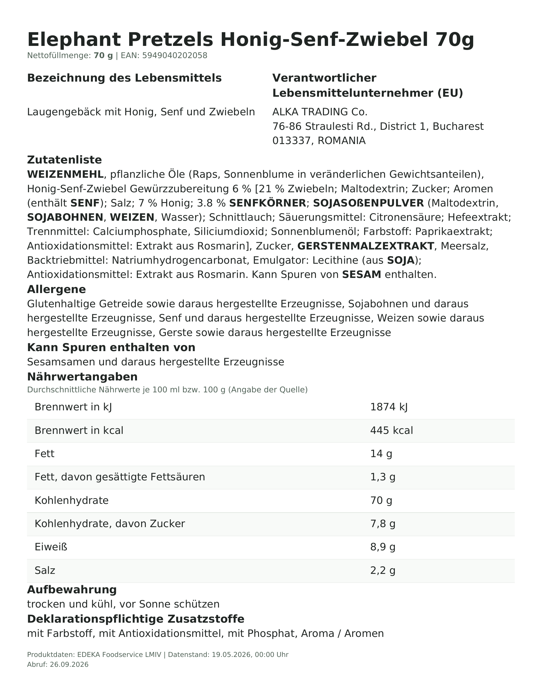 Produktinformationen zum Einzelprodukt – Elephant Pretzels Honig-Senf-Zwiebel 70g