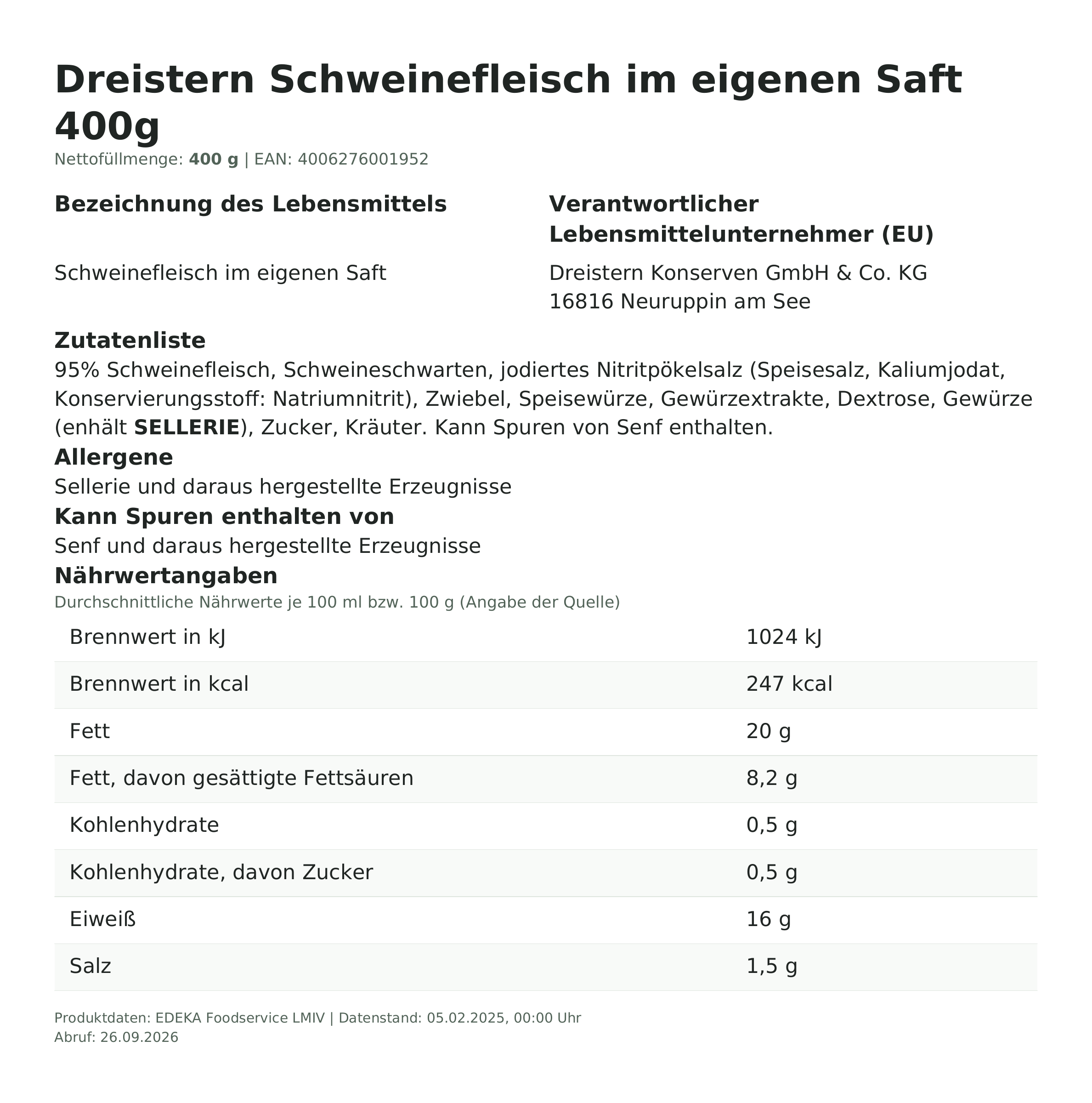 Produktinformationen zum Einzelprodukt – Dreistern Schweinefleisch im eigenen Saft 400g