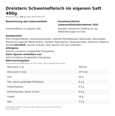 Produktinformationen zum Einzelprodukt – Dreistern Schweinefleisch im eigenen Saft 400g