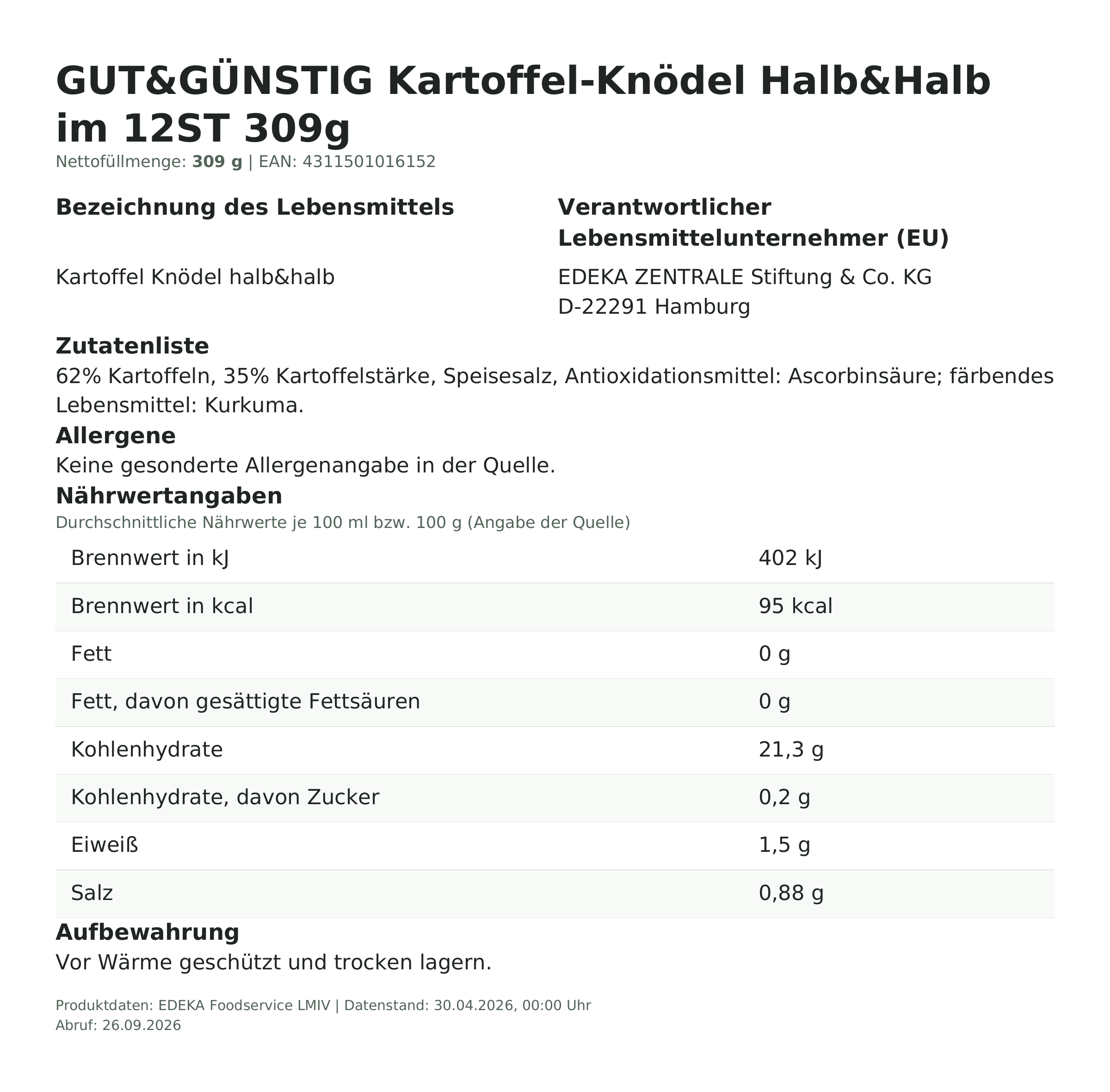 Produktinformationen zum Einzelprodukt – Gut&Günstig Kartoffel-Knödel Halb&Halb im 12ST 309g