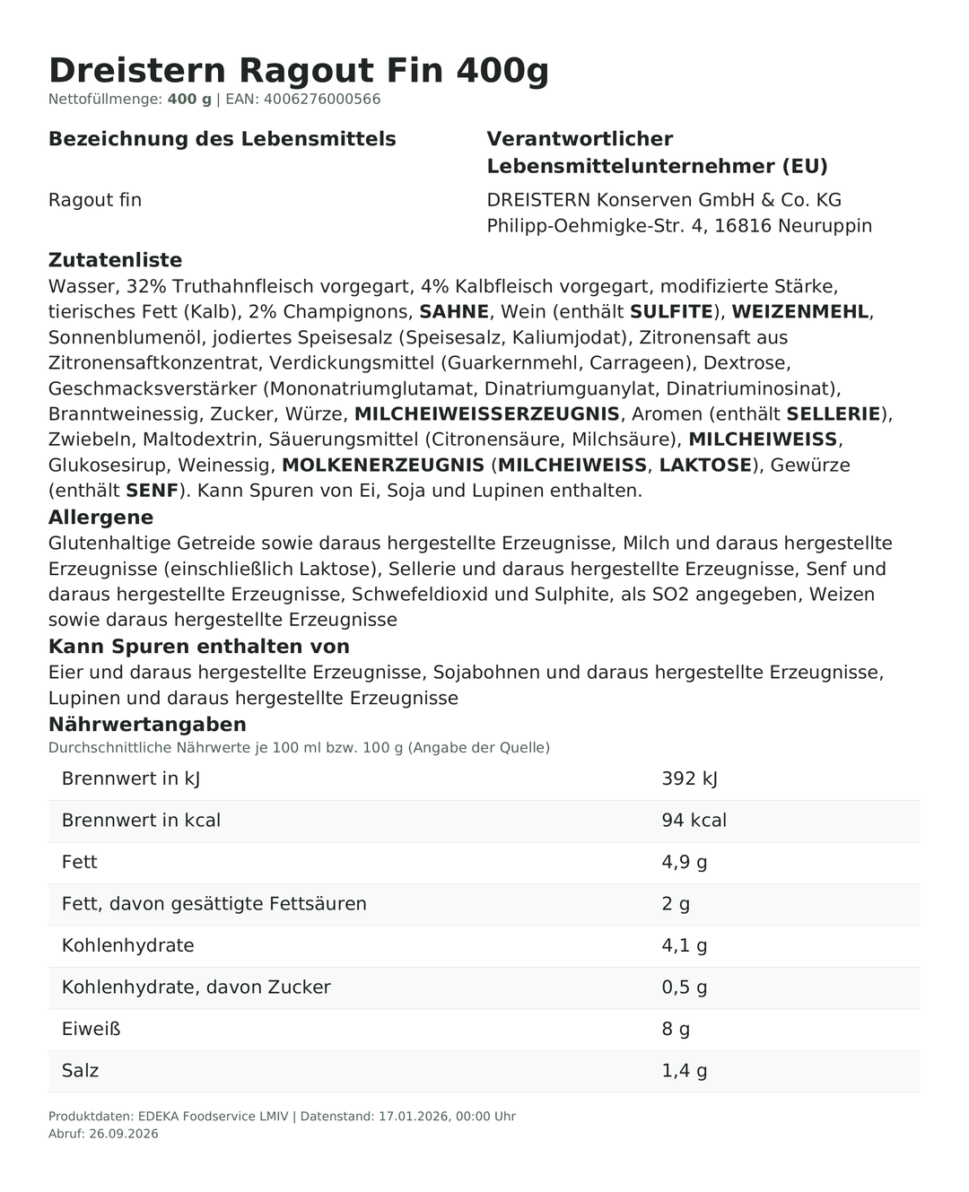 Produktinformationen zum Einzelprodukt – Dreistern Ragout Fin 400g