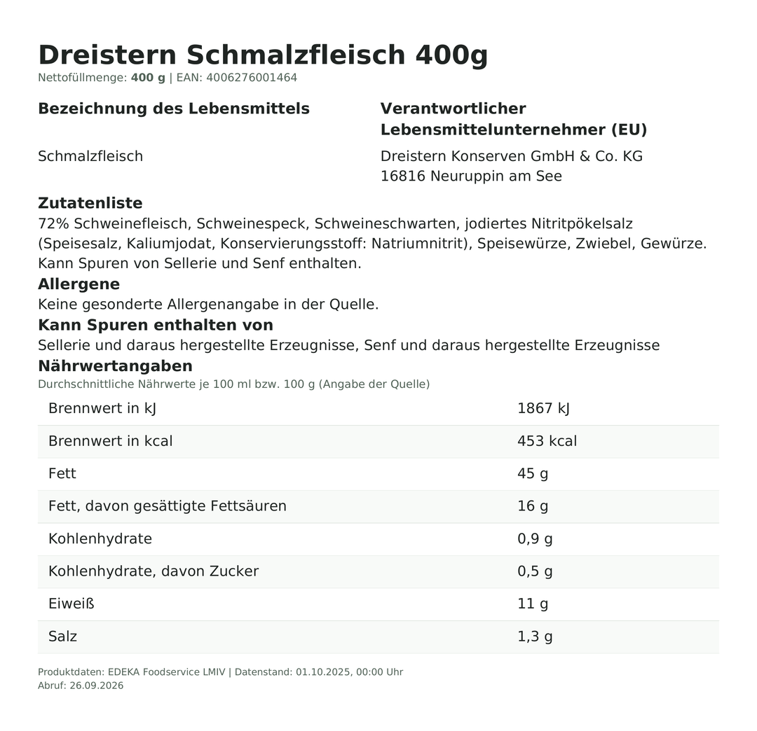 Produktinformationen zum Einzelprodukt – Dreistern Schmalzfleisch 400g