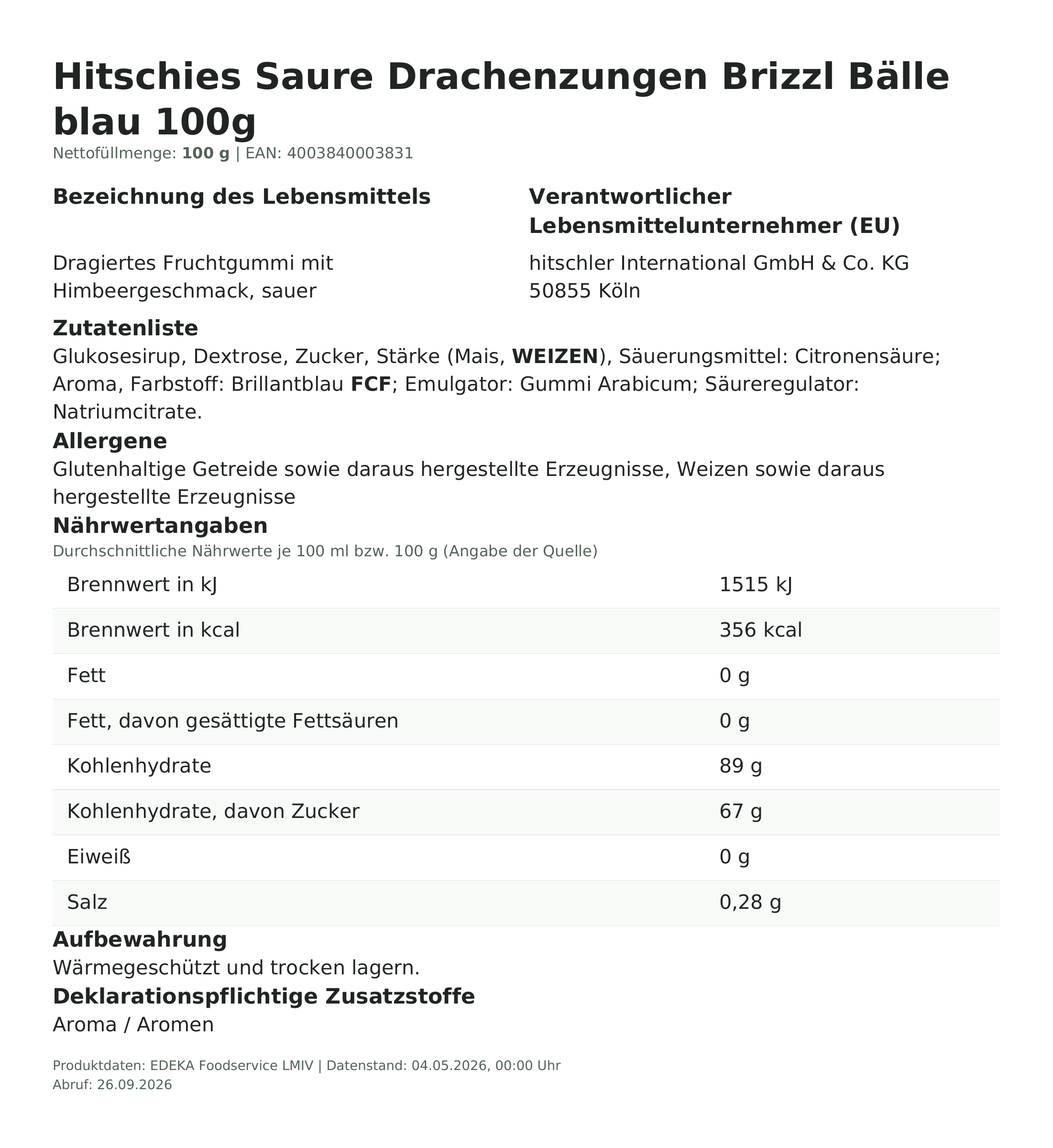 Produktinformationen – Hitschies Saure Drachenzungen Brizzl Bälle blau 100g