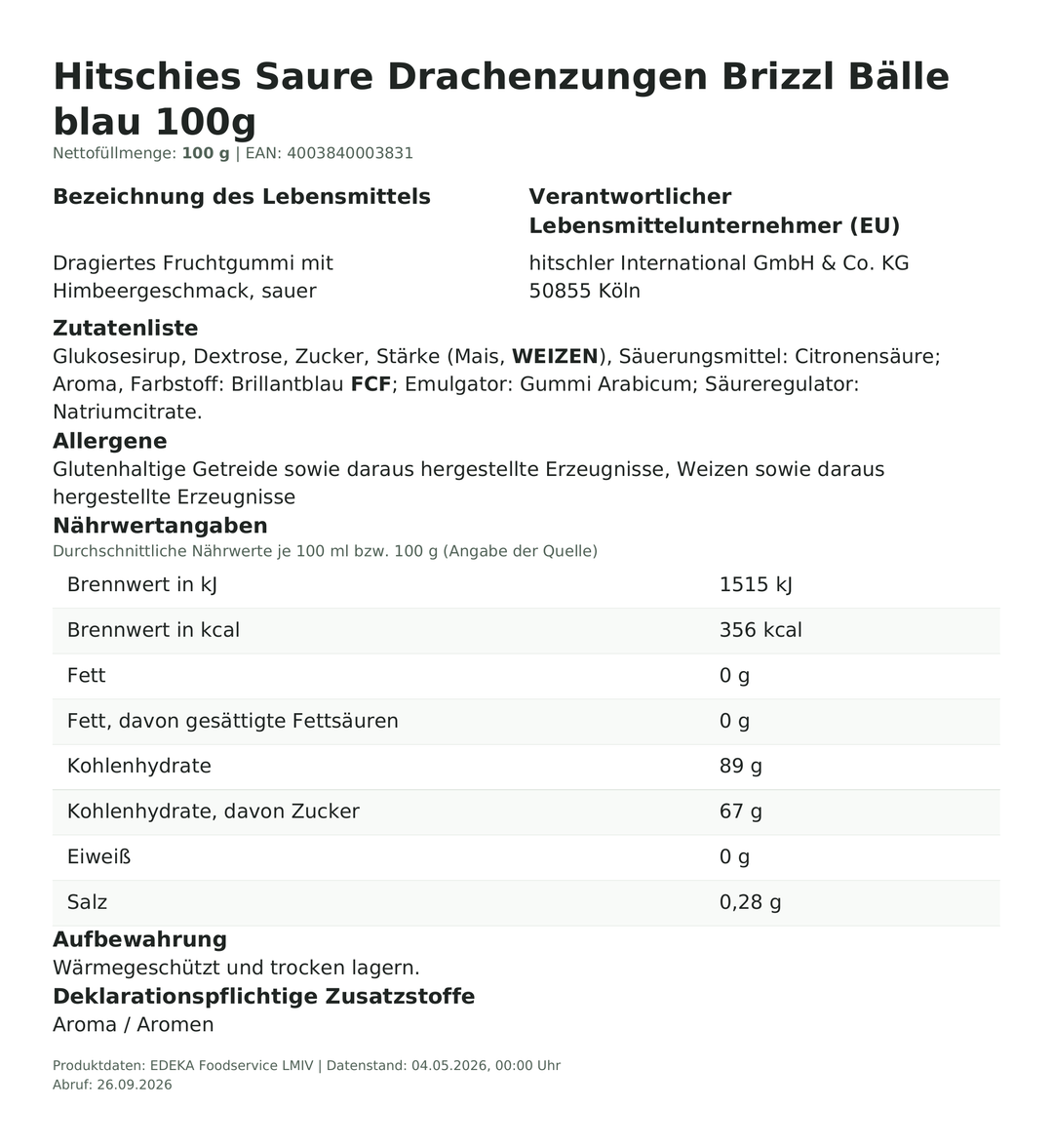 Produktinformationen zum Einzelprodukt – Hitschies Saure Drachenzungen Brizzl Bälle blau 100g