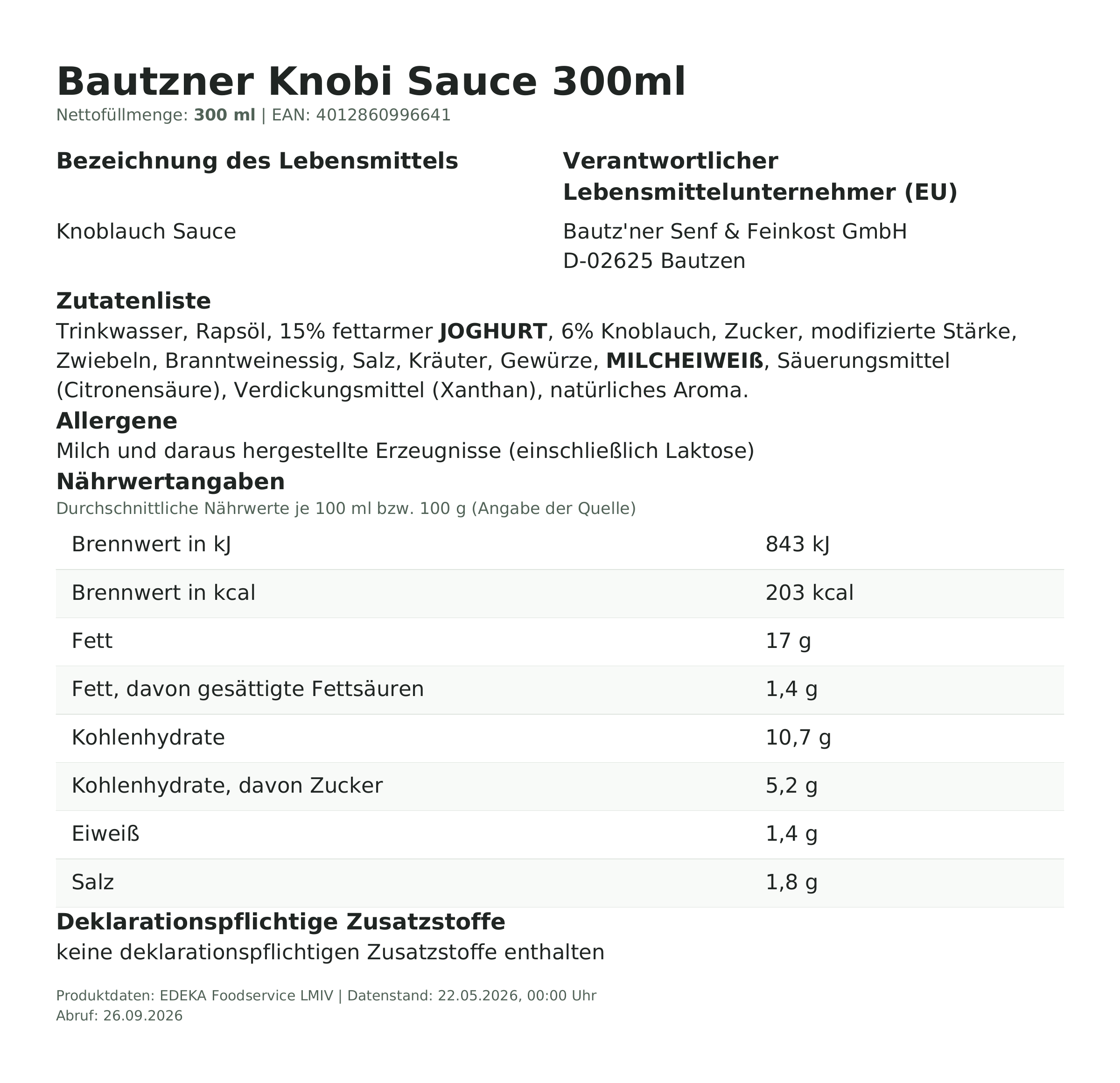 Produktinformationen zum Einzelprodukt – Bautzner Knobi Sauce 300ml