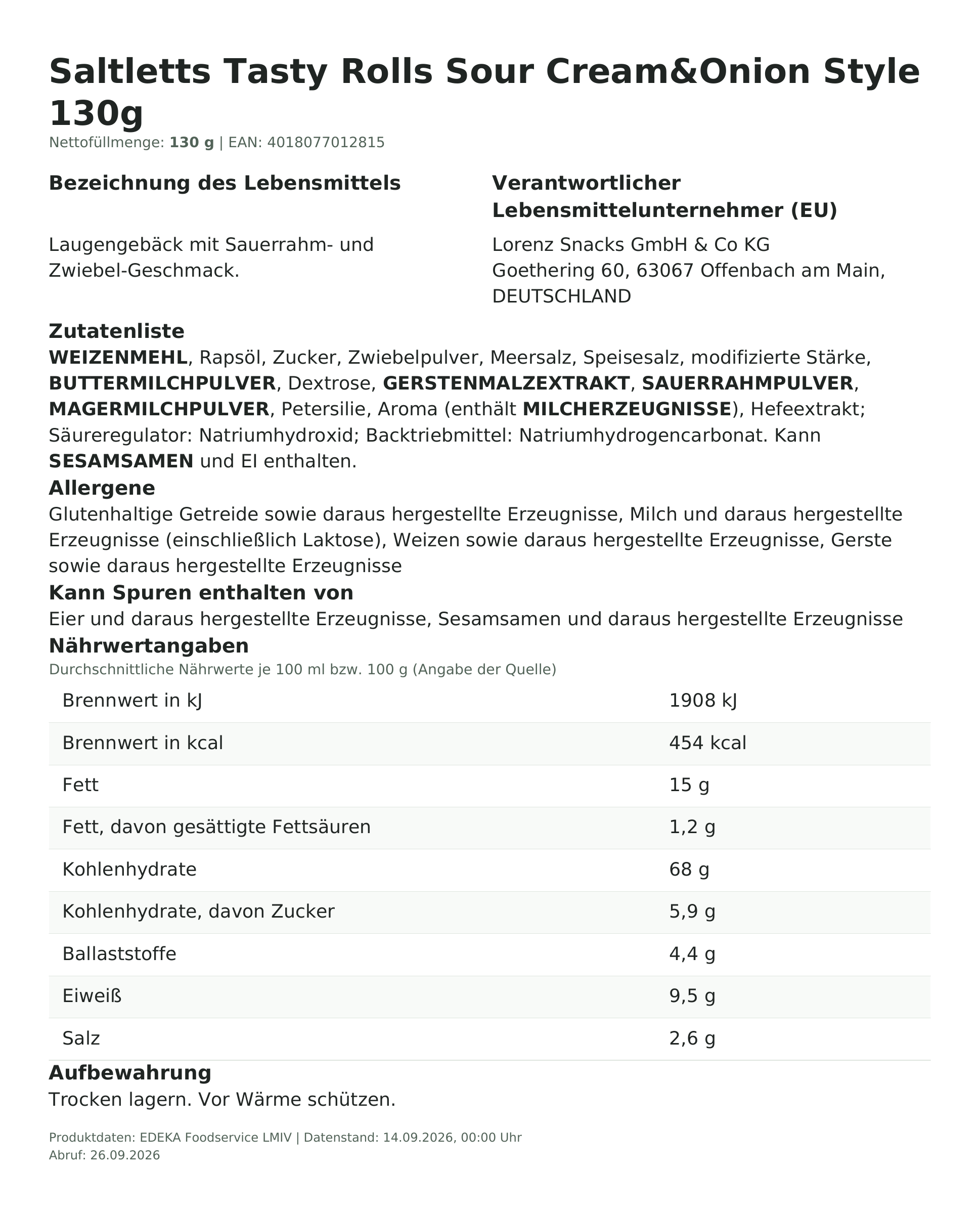 Saltletts Tasty Rolls Sour Cream&Onion Style 130g – Lebensmittelangaben