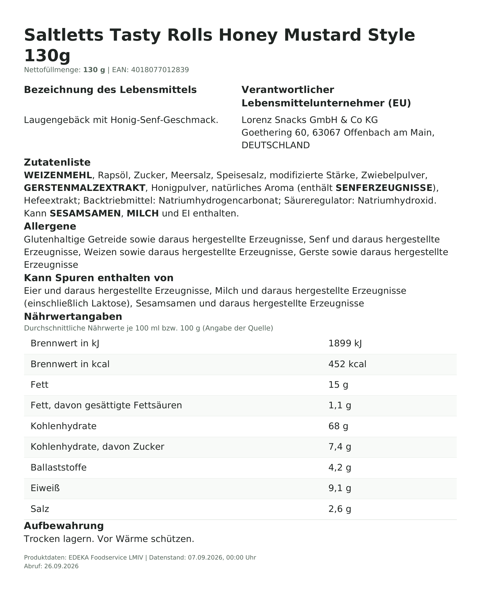 Saltletts Tasty Rolls Honey Mustard Style 130g – Lebensmittelangaben