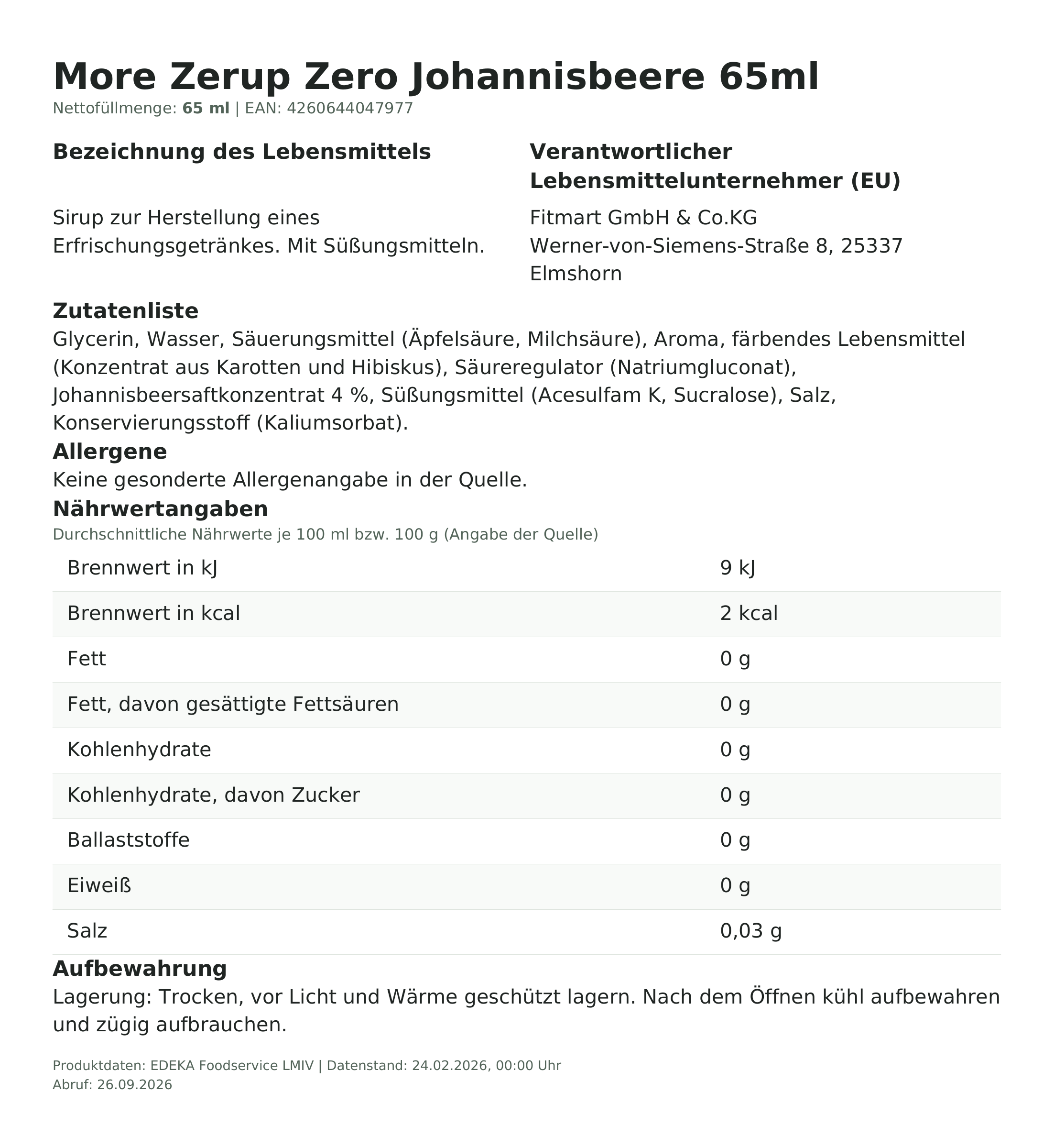 Lebensmittelinformationen: More Zerup Zero Johannisbeere 65 ml