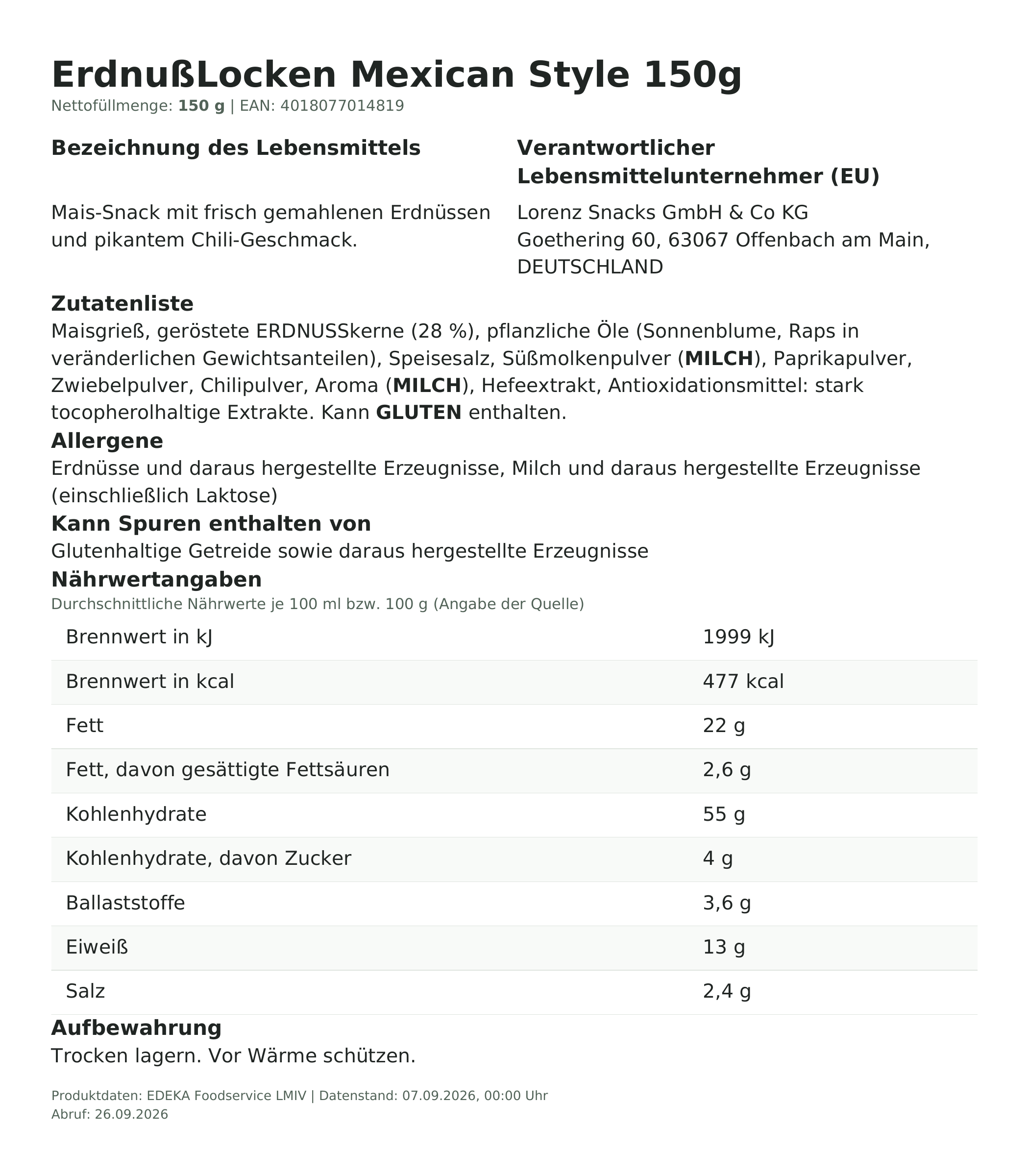 Lebensmittelinformationen: Lorenz ErdnussLocken Mexican Style 150 g