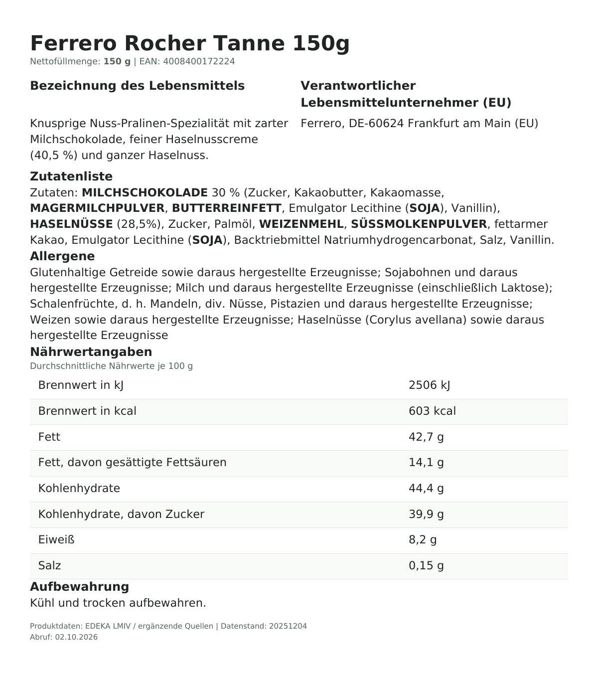 Lebensmittelinformationen je Einzelprodukt – Ferrero Rocher Tanne 150g