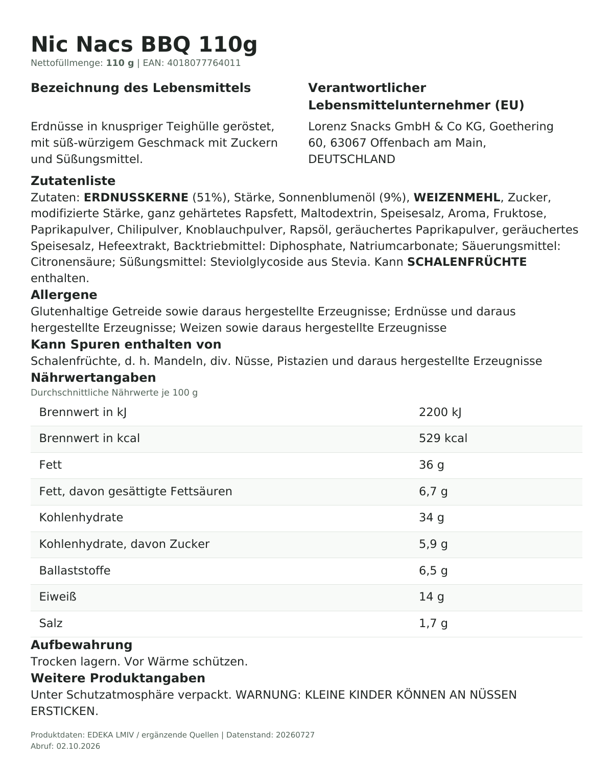 Lebensmittelinformationen je Einzelprodukt – Nic Nacs BBQ 110g