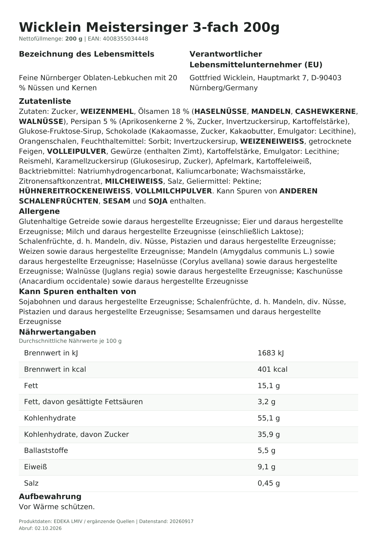 Lebensmittelinformationen je Einzelprodukt – Wicklein Meistersinger 3-fach 200g