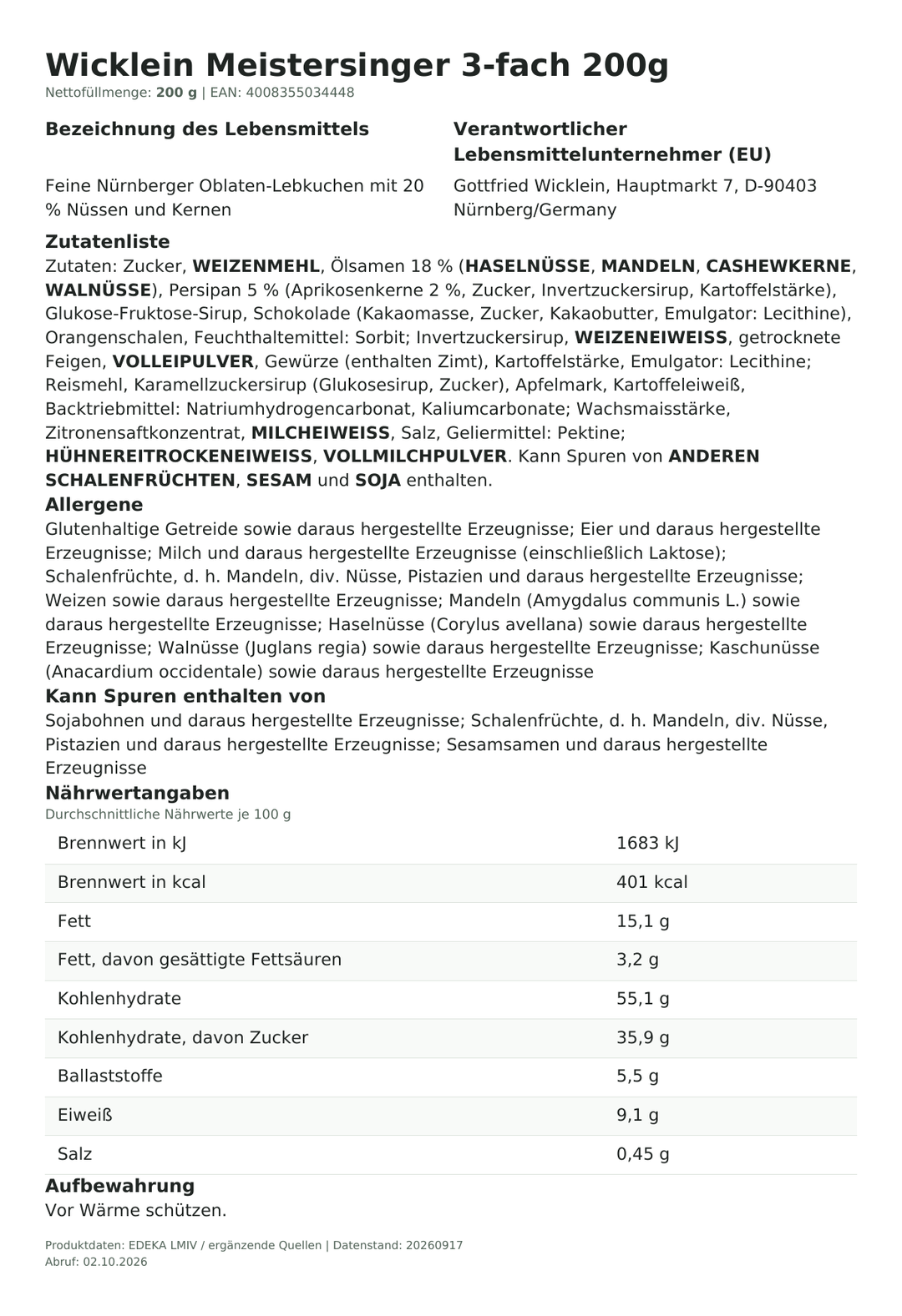 Lebensmittelinformationen je Einzelprodukt – Wicklein Meistersinger 3-fach 200g