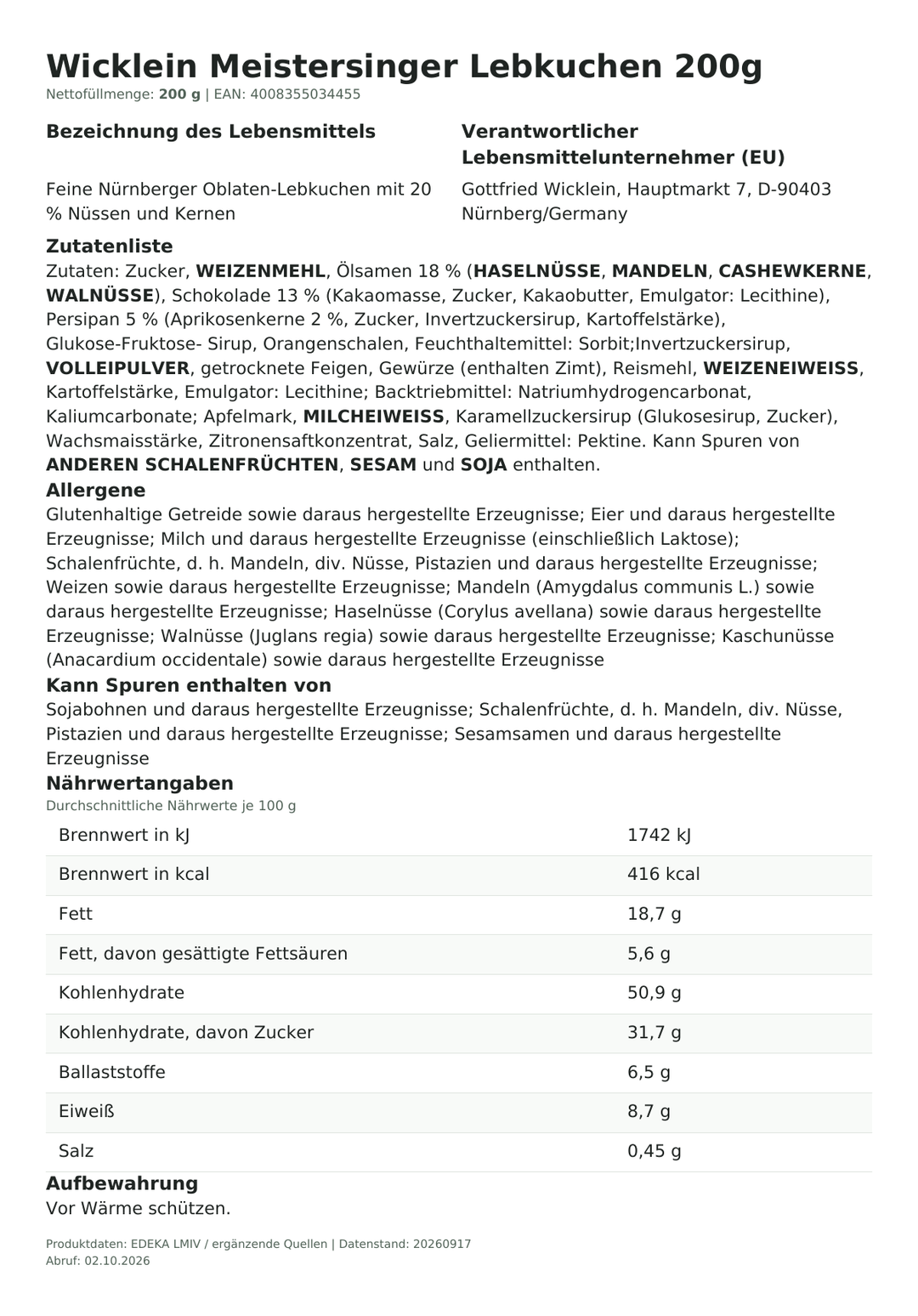 Lebensmittelinformationen je Einzelprodukt – Wicklein Meistersinger Lebkuchen 200g