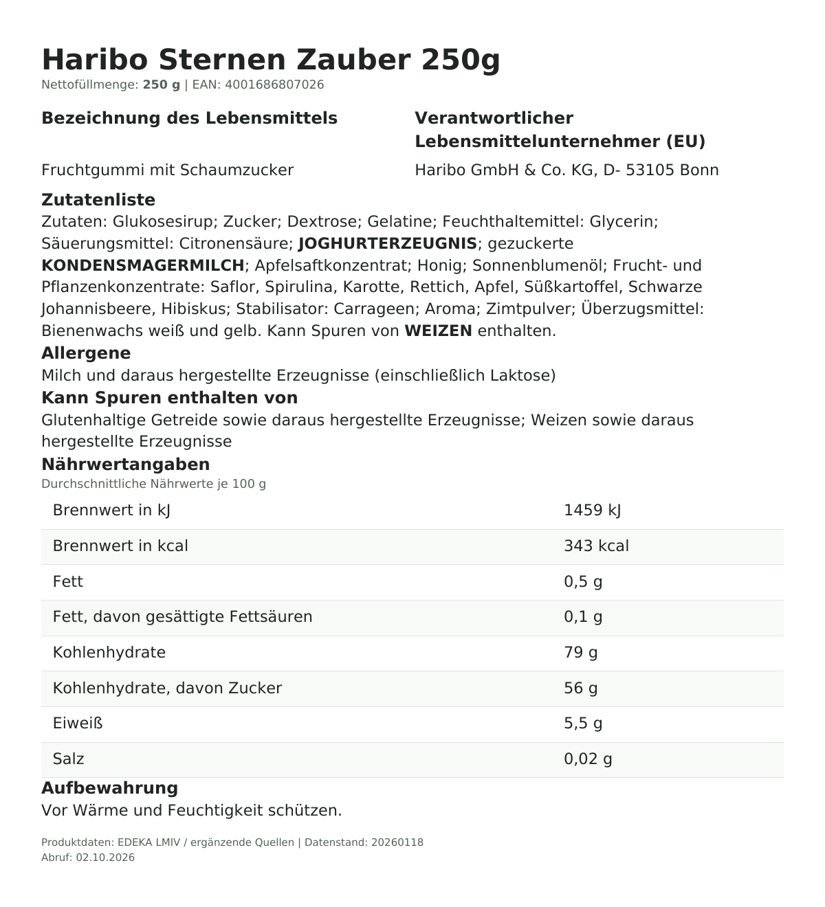 Produktinformationen zum Einzelprodukt – Haribo Sternen Zauber 250g