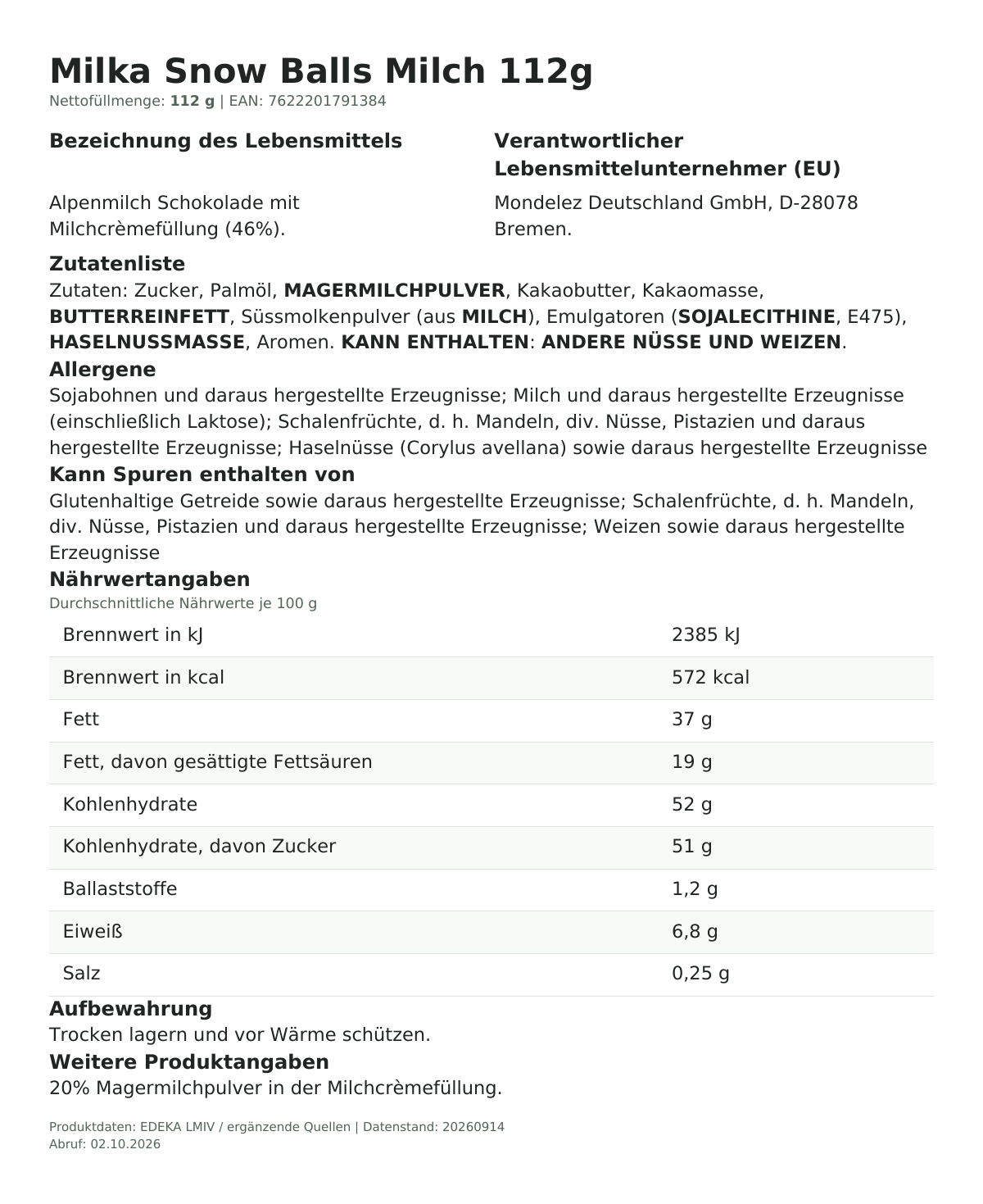 Lebensmittelinformationen je Einzelprodukt – Milka Snow Balls Milch 112g