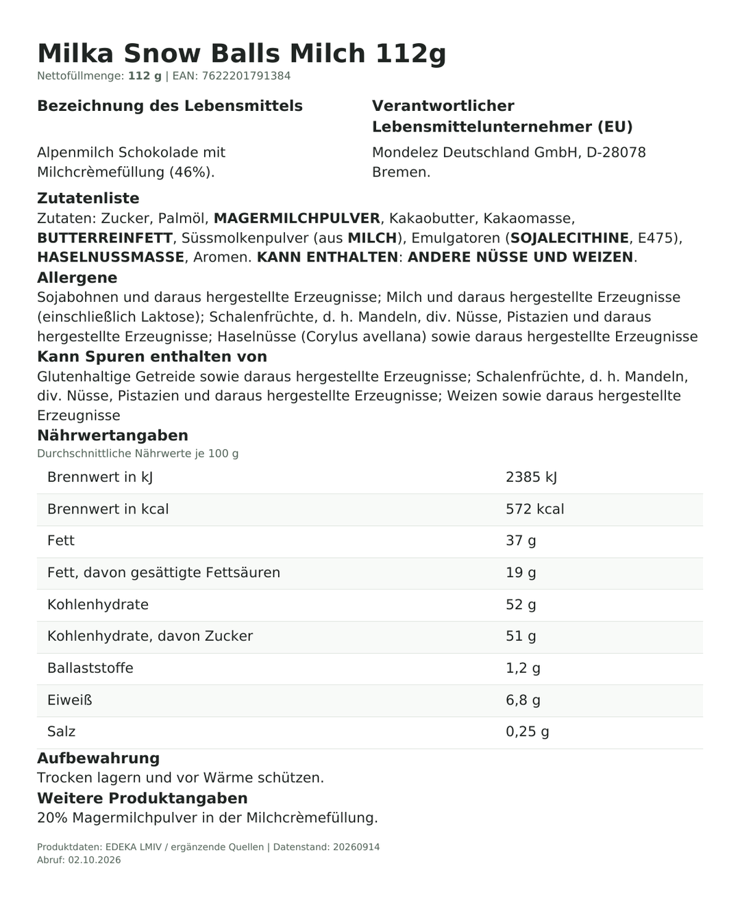 Lebensmittelinformationen je Einzelprodukt – Milka Snow Balls Milch 112g