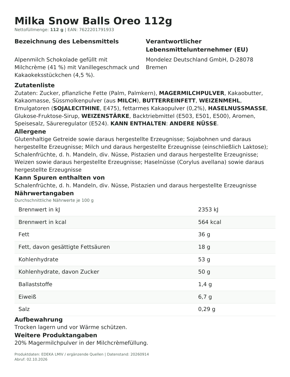 Lebensmittelinformationen je Einzelprodukt – Milka Snow Balls Oreo 112g