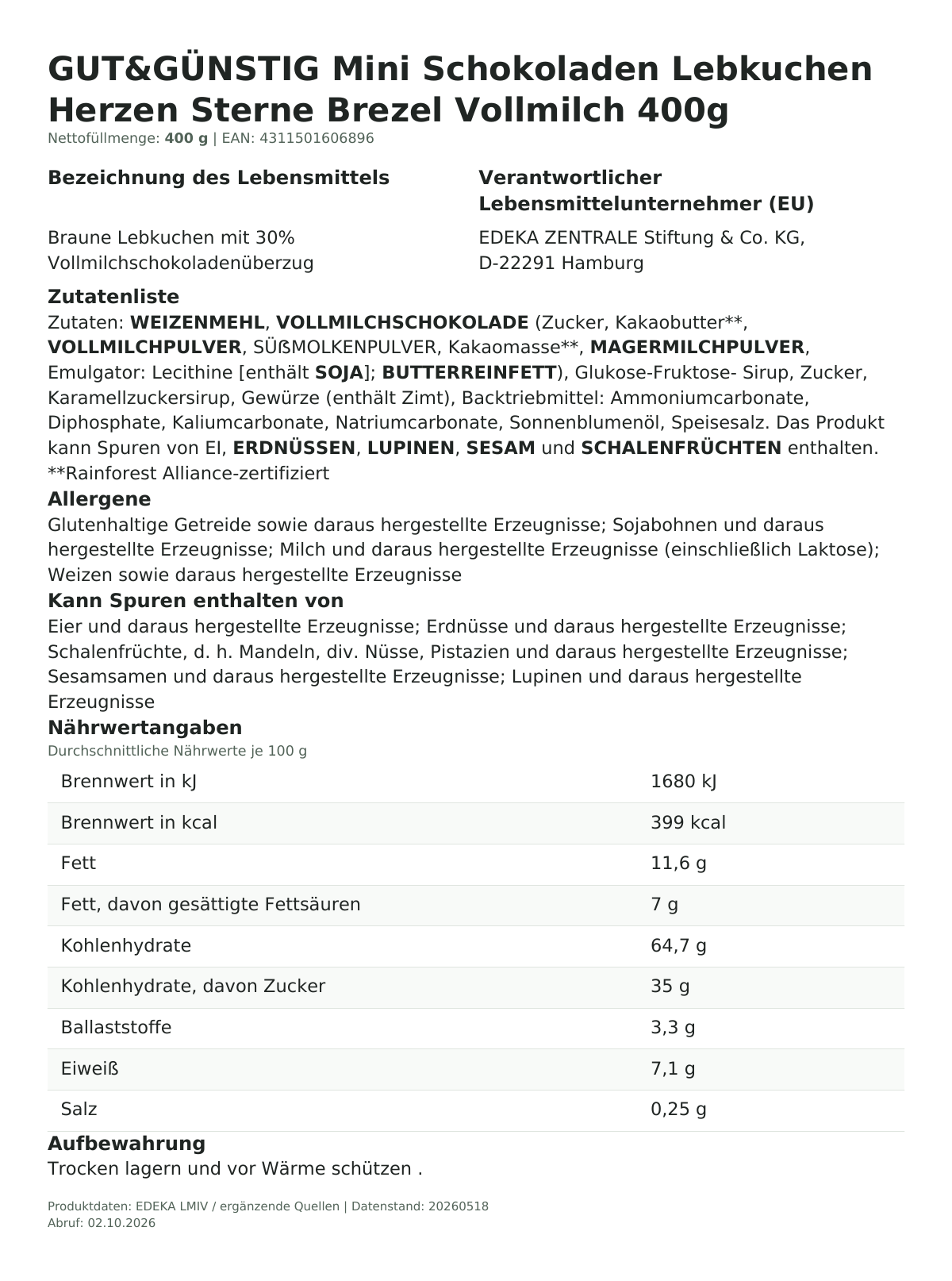 Produktinformationen zum Einzelprodukt – GUT&GÜNSTIG Mini Schokoladen Lebkuchen Herzen Sterne Brezel Vollmilch 400g