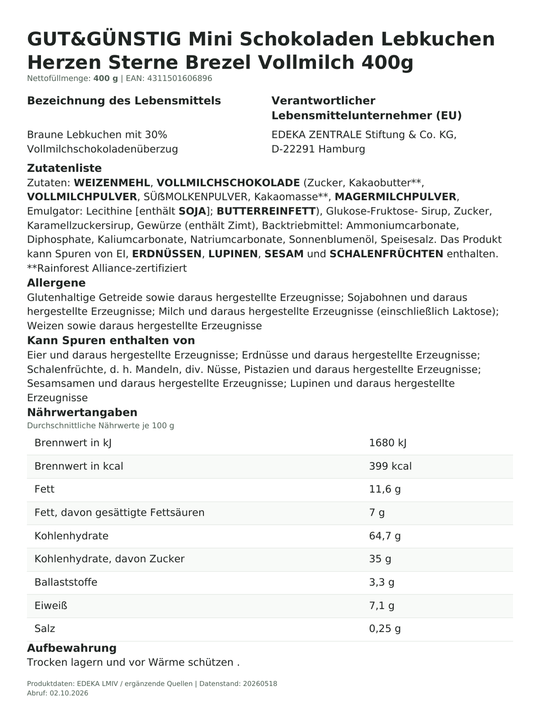 Produktinformationen zum Einzelprodukt – GUT&GÜNSTIG Mini Schokoladen Lebkuchen Herzen Sterne Brezel Vollmilch 400g