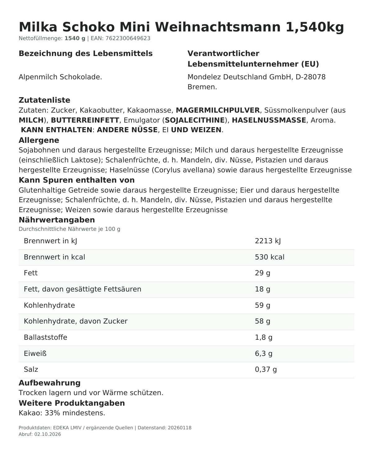Produktinformationen zum Einzelprodukt – Milka Schoko Mini Weihnachtsmann 1,540kg