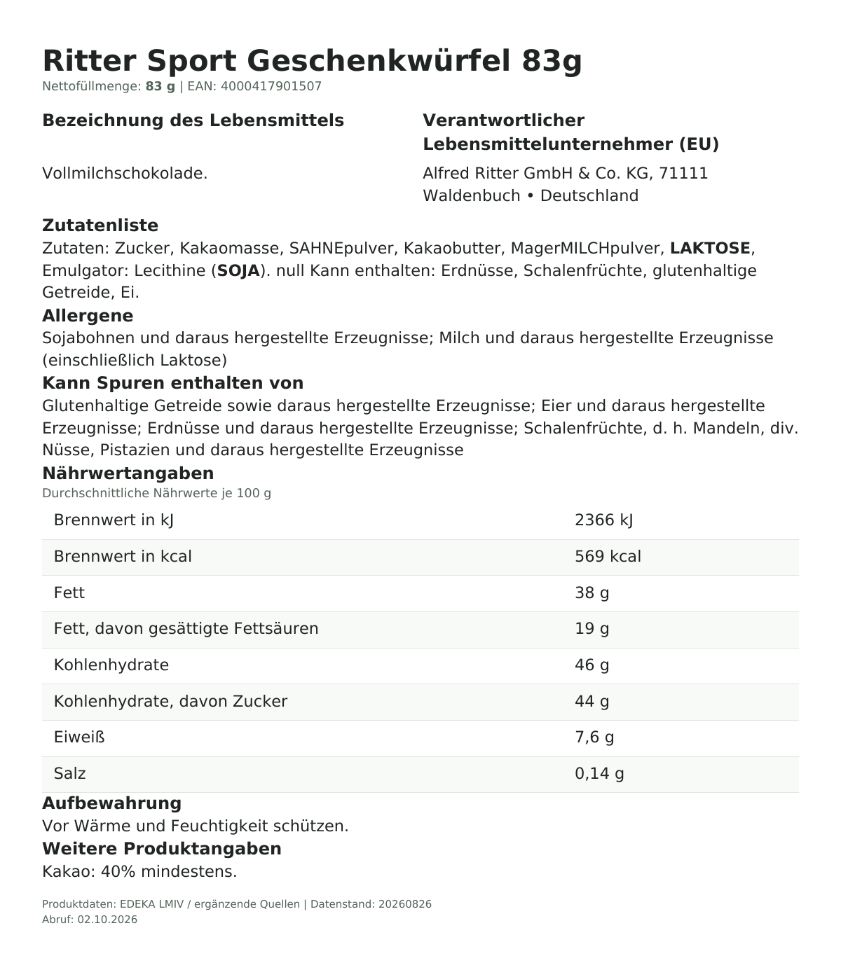Lebensmittelinformationen je Einzelprodukt – Ritter Sport Geschenkwürfel 83g