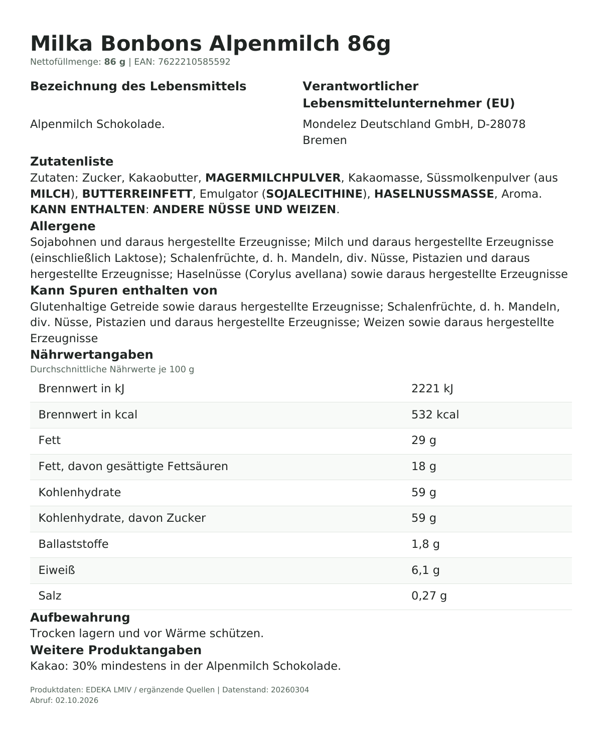 Lebensmittelinformationen je Einzelprodukt – Milka Bonbons Alpenmilch 86g