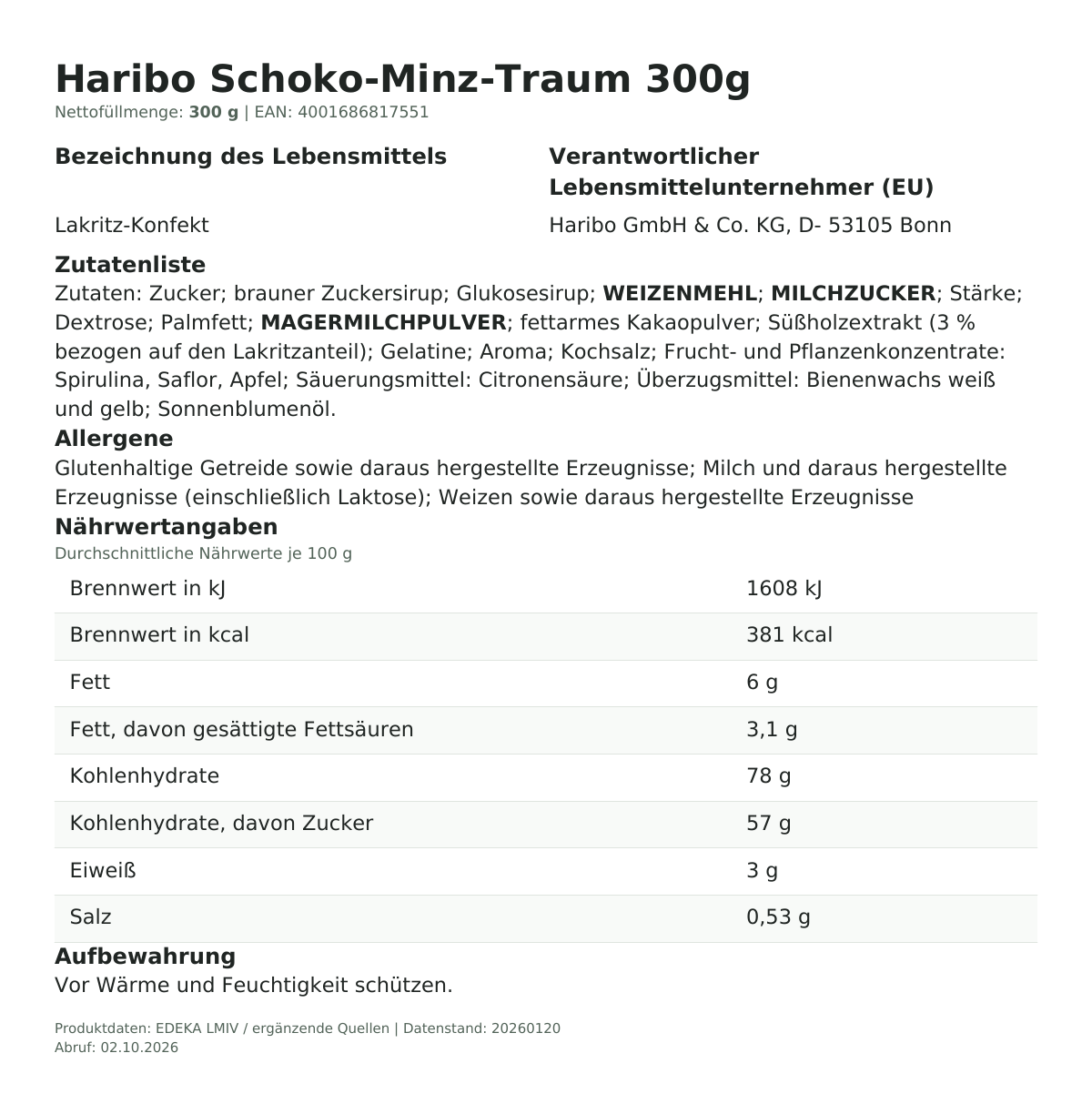 Produktinformationen zum Einzelprodukt – Haribo Schoko-Minz-Traum 300g